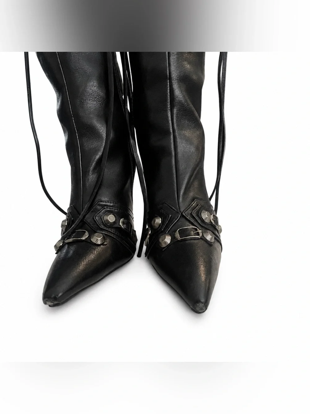 Black Faux Leather Knee-High Pointed Toe Boots